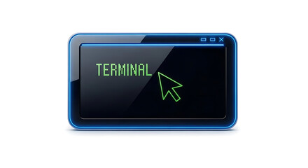A blue computer terminal with green text on the screen isolated on white background