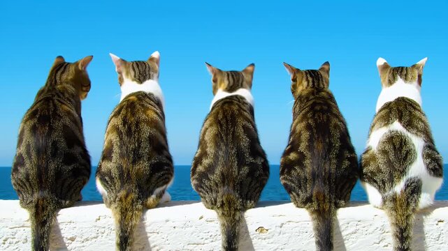 Five Cats Sitting in a Row Facing Away on Snowy Ground Under a Bright Blue Sky