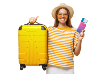 Portrait of happy excited young woman tourist holding large suitcase and passport with flight tickets