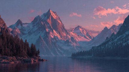 Majestic snow-capped mountains at sunset, Tranquil lake reflecting dramatic peaks