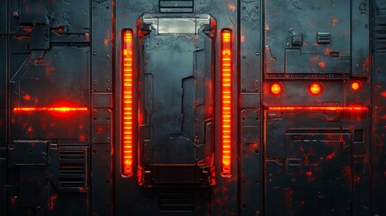 Massive futuristic door glowing with bright neon red lights in vertical patterns, representing digital cyberpunk architecture, high-tech sci-fi environment, virtual reality, advanced industrial design