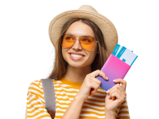 Studio portrait of smiling dreaming young female tourist holding flight tickets