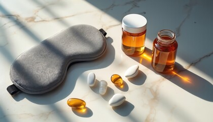 Grey eye mask rests on marble surface near amber liquid bottles and pills. Sleep aid items promote rest and wellness. Healthy nighttime routine.