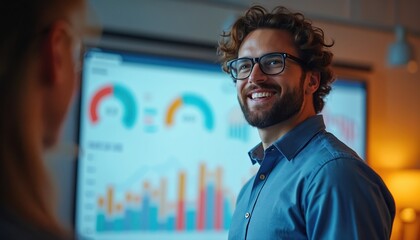 Man in glasses smiles near screen with colorful business charts. He discusses company growth and market insights. Young pro leads team meeting showing financial data analysis.