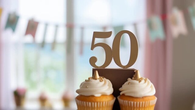 Elegant 50th birthday cupcakes tower with golden topper and roses