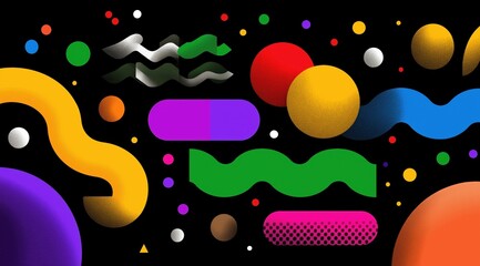 A vibrant abstract design with colorful geometric shapes on a black background. Modern digital illustration with a grainy retro texture