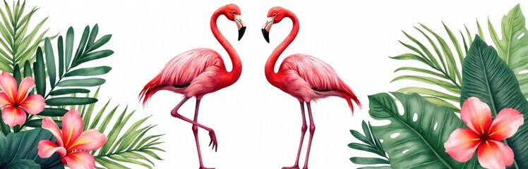 Naklejka premium Two pink flamingos stand in green tropical leaves, vibrant plumeria flowers. Elegant necks form heart shape against white background. Artwork evokes sense of romance, tropical paradise.