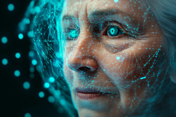 Interacting with digital holographic interface in futuristic virtual space innovation scene, generative ai