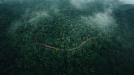 Drone-level panoramic view of a curving hillside roadway weaving through dense rainforest canopy, deep green foliage layered with humid haze, subtle sunlight breaking through clouds, atmospheric