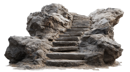 Rough stone steps carved into natural rock formation, depicting ancient pathways, challenges, and elevating success on a transparent background, png