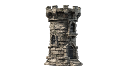 Medieval stone tower structure showcasing ancient castle architecture for fantasy game assets or historic themed designs, provided on a transparent background, png