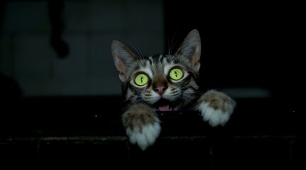 Close up of a surprised tabby cat with big glowing green eyes peeking out of dark background for Halloween mystery concept and curiosity