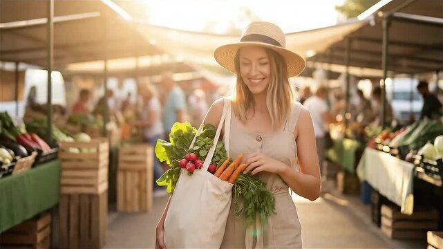 Smiling woman in straw hat holding reusable bag with fresh vegetables at outdoor farmers market during sunset, healthy lifestyle and local food shopping, handheld camera video