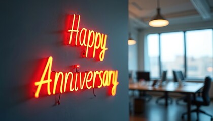 Bright red neon sign spells Happy Anniversary on office wall. Blurred modern workspace with tables and chairs visible through window. Festive decor celebrates employee milestone achievement.