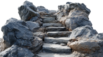Stone steps creating a pathway for climbing or ascent, built into natural rocks, symbolizing progress, challenge, and journey, isolated on a transparent background, png