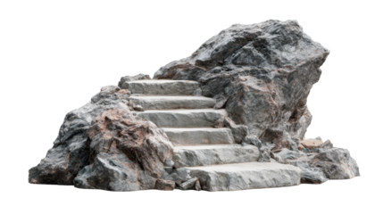Stone staircase with rugged rock formations on a transparent background, depicting a challenging path to growth, progress, and overcoming obstacles, png