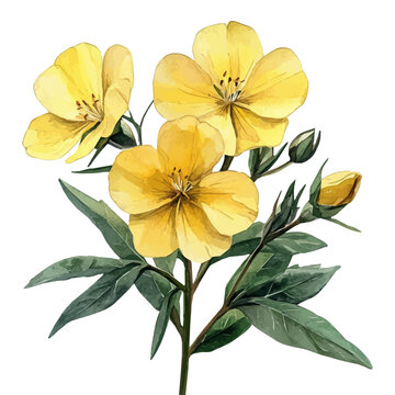 Evening Primrose Flower, elegant watercolor vector painting with refined details, isolated on a white background.