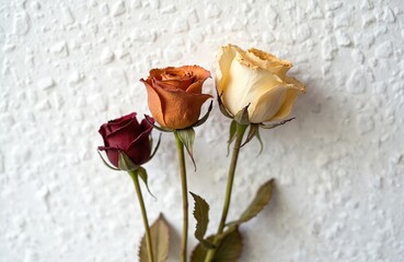 Three dry roses, red, orange, and cream, stand against textured white background. Faded petals show age and passing time, petals droop slightly, conveying melancholic beauty.