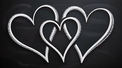Three interconnected chalk hearts drawn on a dark blackboard surface symbolize eternal love and strong relationships for romance