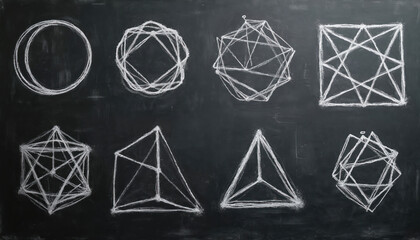 Geometric shapes drawn with chalk on a blackboard surface. White lines form circles, squares, triangles, and polyhedra. These abstract forms are displayed on a dark background.