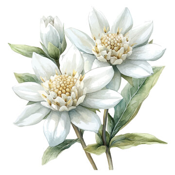 Edelweiss Flower, delicate painting watercolor vector with vivid brush accents, isolated on a white background.