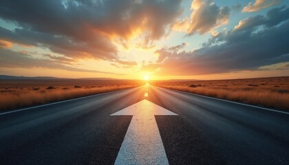 Road leads to sunset with white arrow painted forward. Open landscape with dry grass and cloudy sky. Journey towards bright future and success.