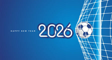 New Year 2026 greeting card. Soccer football ball in goal net on blue background. Direct hit for leadership abstract blue white flag ribbon of Scotland in the shape of 2026