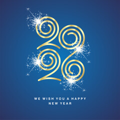 New Year 2026 logotype with modern luxury spiral neon light golden line design numbers typography with sparkle fireworks. New Year 2026 infinity spiral icon logo sticker on blue background