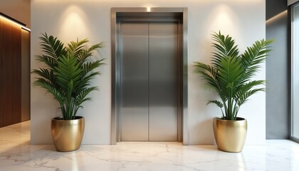 Modern office elevator lobby with two potted palm plants in gold planters flanking stainless steel doors. Sunlight streams onto marble floor.