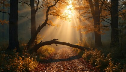 Golden sunbeams pierce through misty autumn forest trees. Fallen leaves carpet forest path with fallen branch blocking way. Peaceful nature walk.