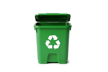 Green Plastic Recycling Bin with White Symbol Isolated on White Background