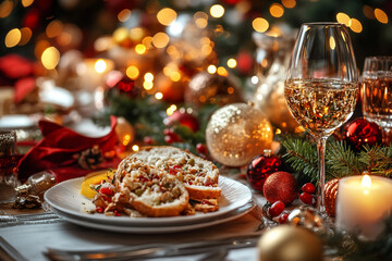 Fototapeta premium Generative AI Image of an Elegantly Served Christmas Table Decorated for New Year Celebration, Featuring Candles and Festive Treats
