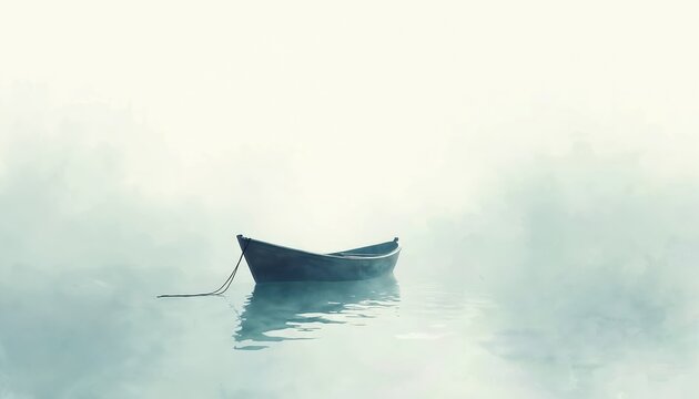 Empty rowboat drifts on calm water surrounded by soft mist. The serene scene suggests solitude contemplation or a journey beginning in tranquil fog. Nautical peaceful atmosphere evokes quiet mystery.
