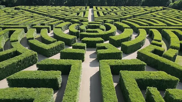Aerial view of a complex green hedge maze in a garden park.