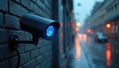 Outdoor surveillance camera on brick wall. Rainy city street at night with blurred lights. Security system for monitoring public spaces. Technology for safety and protection.