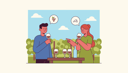 Obraz premium A couple enjoys a wine tasting at a vineyard swirling glasses and commenting on the different flavors of each pour.