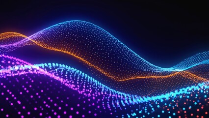 Vibrant glowing dots form undulating waves of neon blue, purple, and orange light surface, symbolizing technology, future innovation, sound frequencies, and digital abstract visualization of motion.