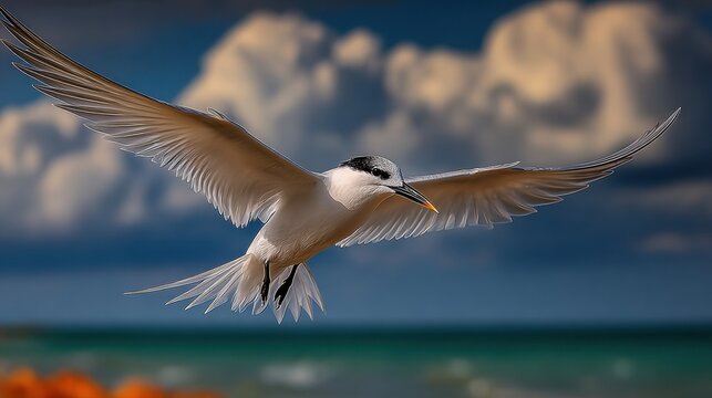 Elegant seabird Sandwich Tern gliding above coastal rocks with wings fully spread in natural light.