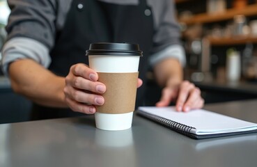 Barista hand offers paper coffee cup near open notepad on cafe counter. Ready serve hot beverage for customer in shop. Take away drink preparation service.