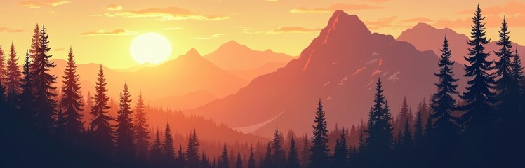 Obraz premium Vast mountain range at sunset with pine forest in foreground. Warm sun casts orange glow over peaks and sky. Serene natural landscape background.