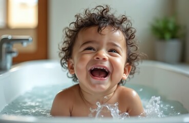 Happy baby laughs joyfully while splashing water in a bathtub. Cute child with curly hair enjoys bath time fun. Toddler is clean, wet, and playing with soap bubbles and water.