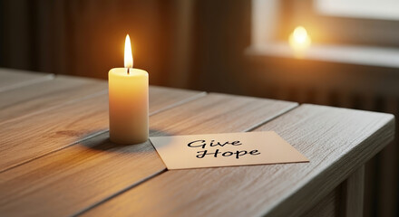 Candle Illuminating the Message "Give Hope" on Wooden Surface for Motivational Blogs, Wellness Websites, Mental Health Awareness, Inspirational Content, and Peaceful Living Articles