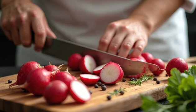 Chef cuts red radishes on wooden board with knife. Fresh vegetables are chopped with herbs and peppercorns. Culinary prep in kitchen studio. - Powered by Adobe