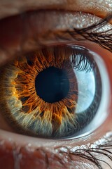 This incredibly detailed macro shot captures the intricate beauty of a human eye. The iris displays a stunning blend of warm orange and rich brown tones, intricately patterned and contrasting with sub