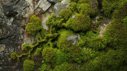 This vibrant, high-angle shot captures a detailed natural tapestry of lush green moss and small foliage thriving on a textured rock surface. The organic composition showcases a rich spectrum of greens