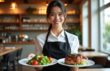 Smiling waitress offers two plates of food in a restaurant. One plate has fresh salad, the other grilled meat. She serves customers with delicious meals and great service.