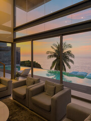 View from luxury villa at sunset, sun loungers for sunbathing, umbrellas from the sun, pillows for swimming in the pool, palm tree on background