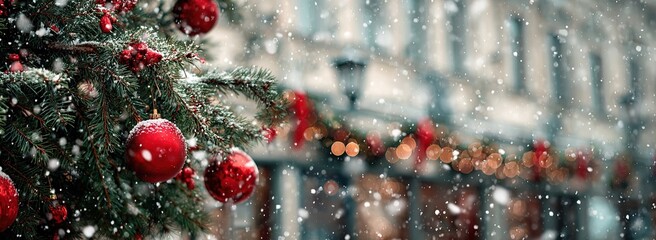 Christmas tree with red baubles in snowy street, festive winter holiday background