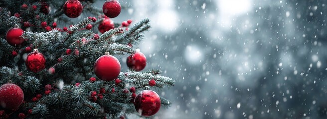 Snowy Christmas tree with red ornaments, festive winter holiday background