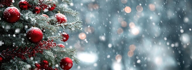 nowy Christmas tree with red baubles, winter holiday background with falling snow